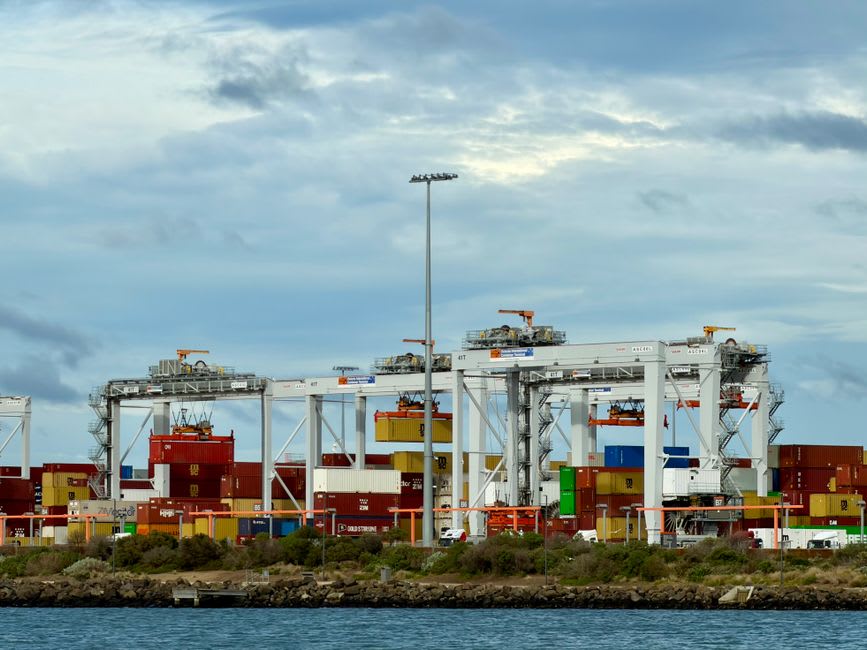 Container ships queuing near the narrow, turbulent entrance to Port Phillip Bay known as the Rip