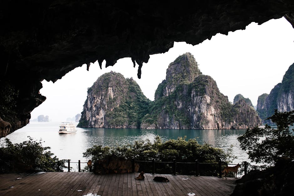 Stunning panoramic view of Ha Long Bay's famous limestone karsts from a cave