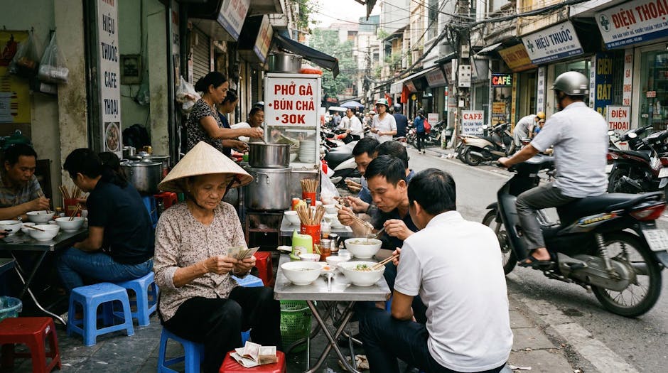 Vibrant street food scene in Hanoi's Old Quarter with locals enjoying Vietnamese cuisine