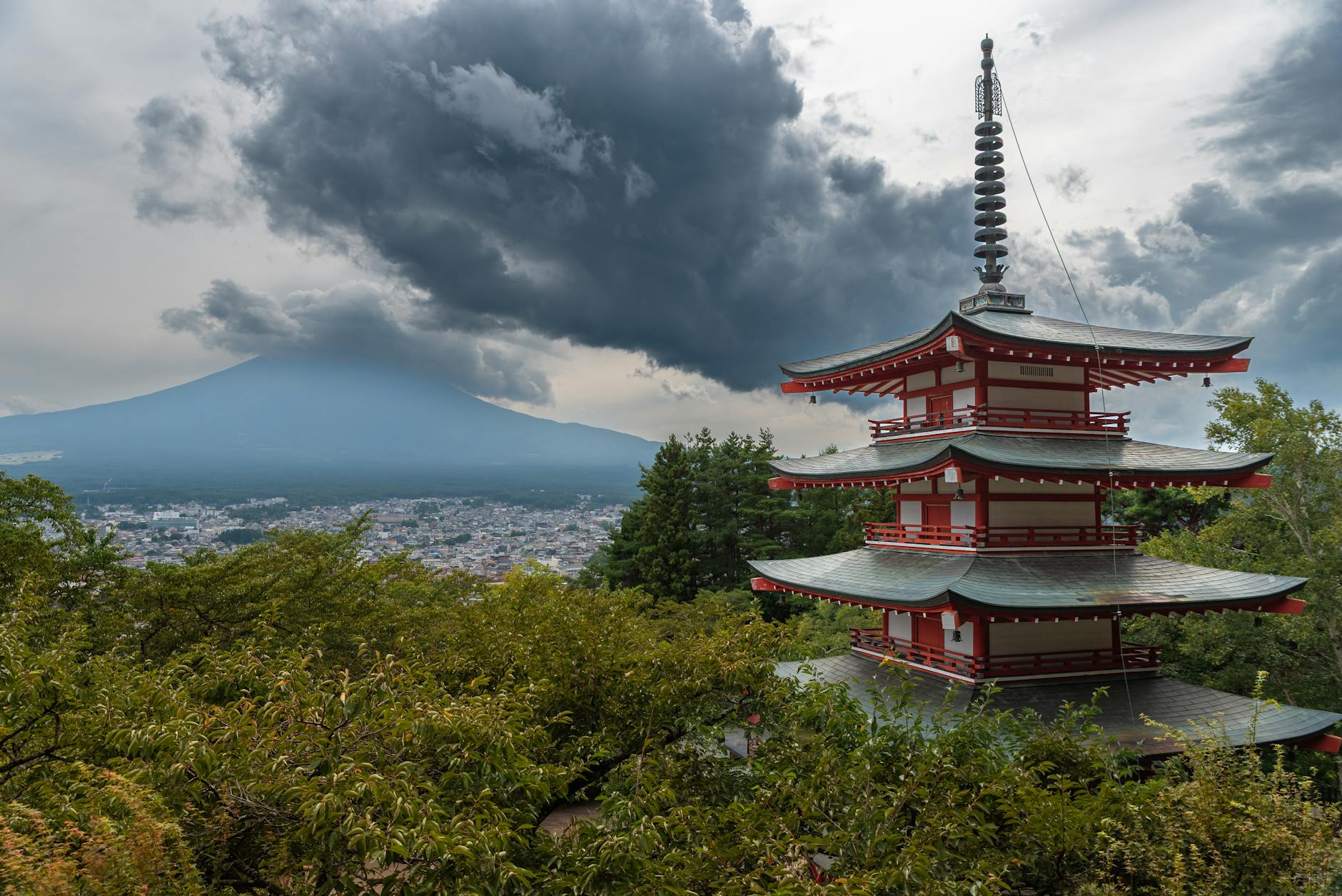 Chureito Pagoda with Mount Fuji in the background under clear skies