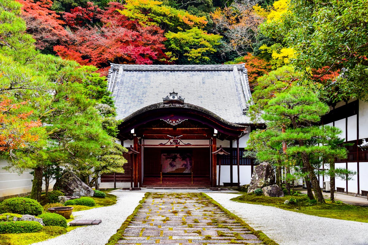 A quiet temple garden surrounded by vivid autumn foliage