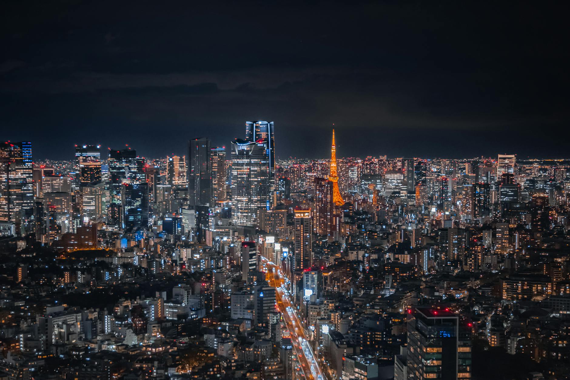 Tokyo city skyline at night with glittering lights stretching to the horizon