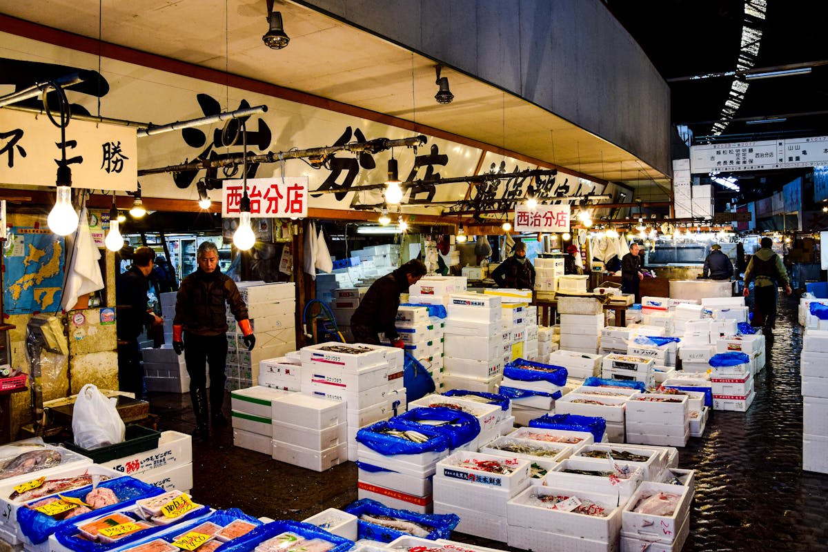 Tsukiji Outer Market stalls with fresh seafood and vendors