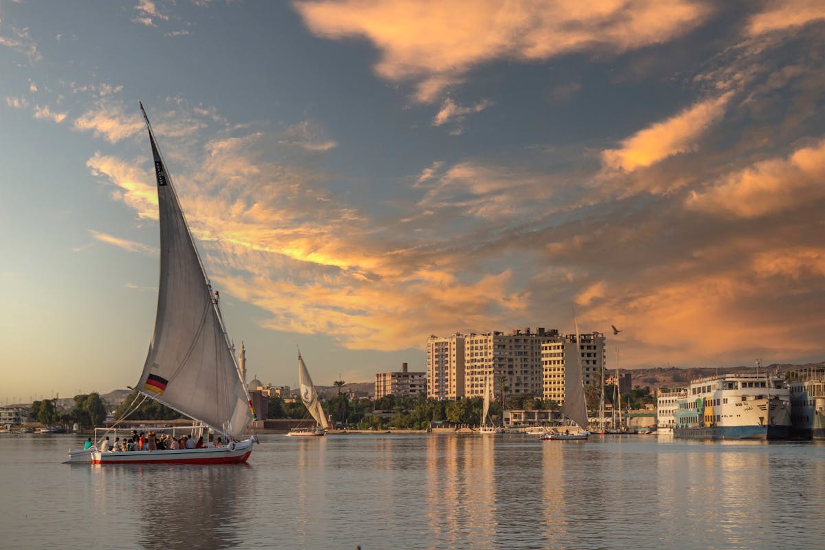 A felucca sailing the Nile between palm-lined banks