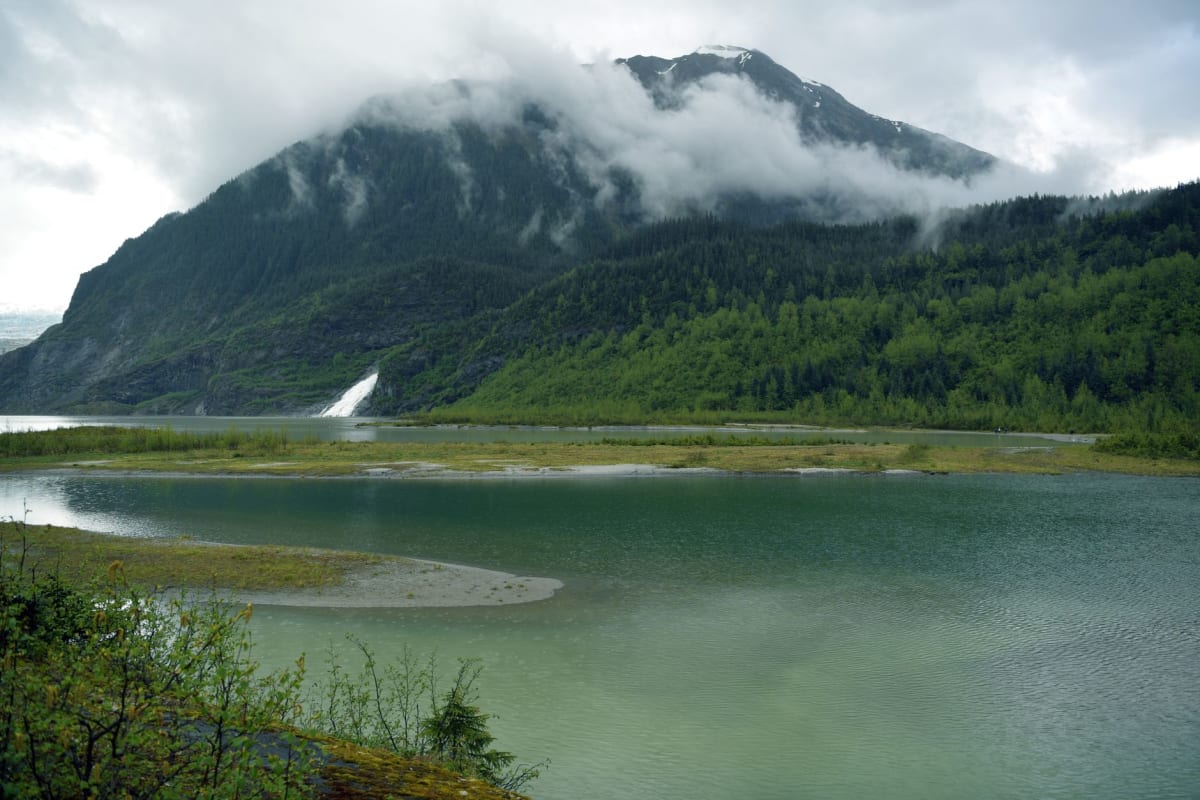 Juneau waterfront seen from the water with the Gastineau Channel at low tide