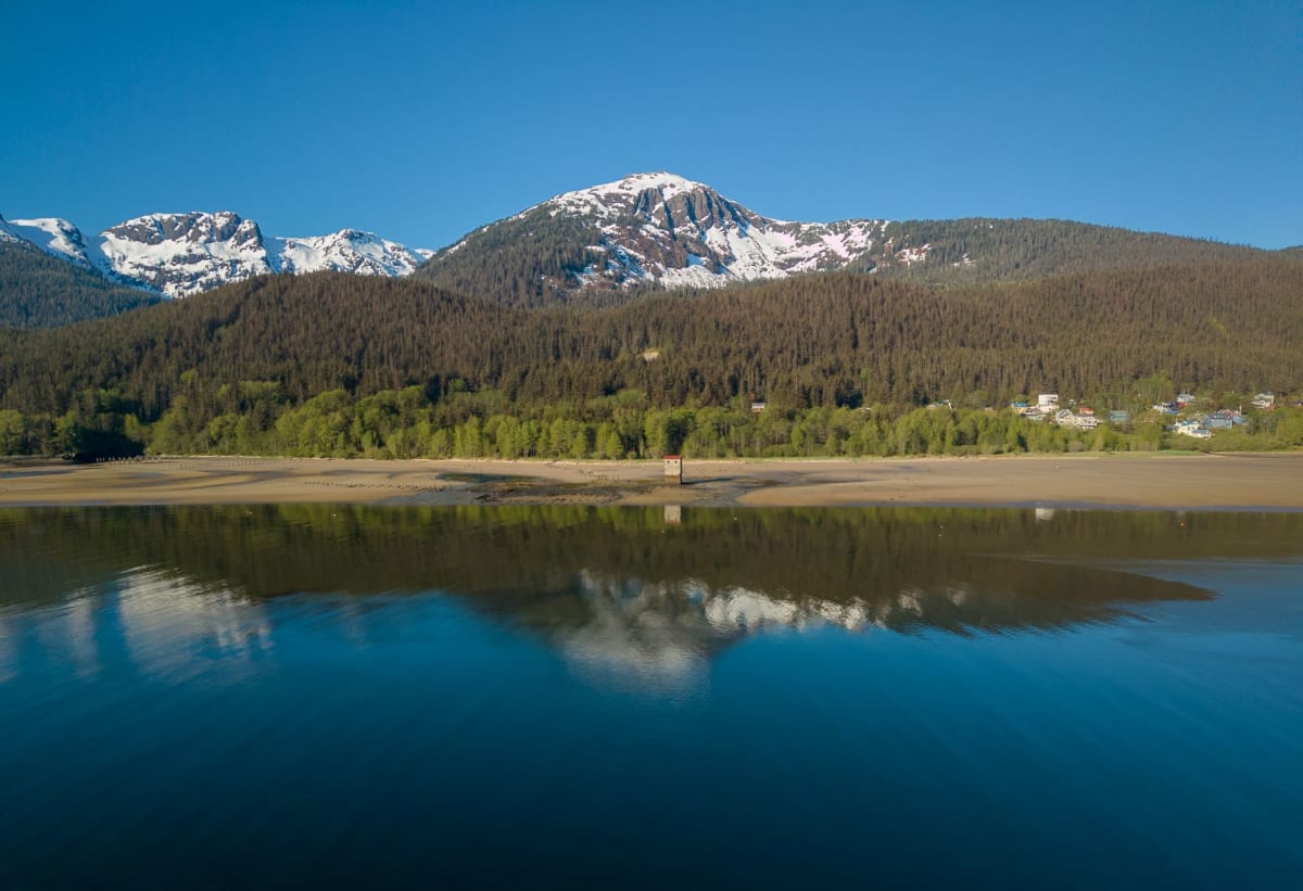 Mendenhall Glacier and its calving lake under low cloud on a grey Juneau afternoon