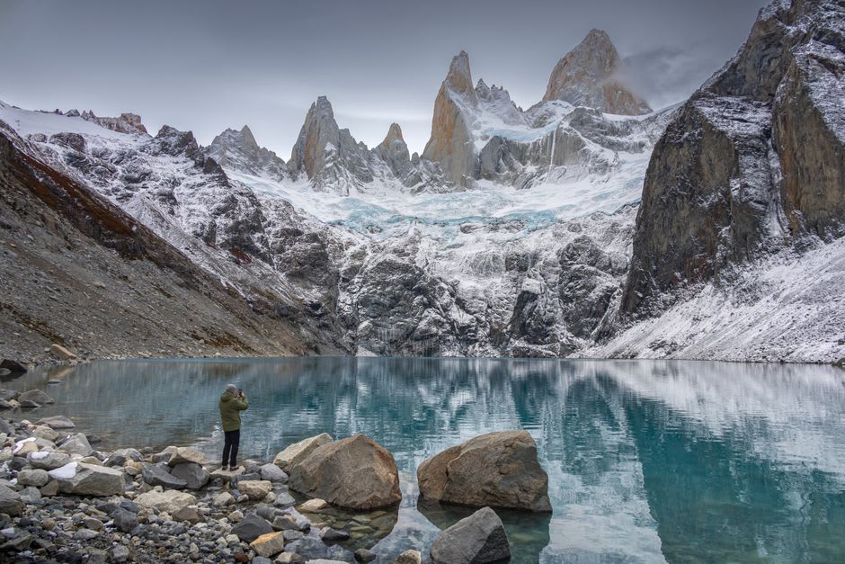 The dramatic granite needle of Cerro Torre rising above the valley