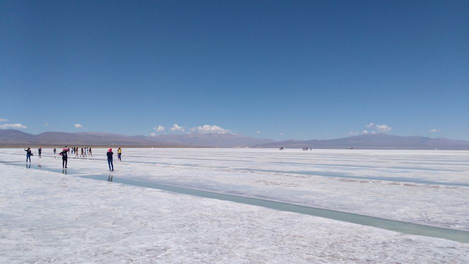 Una persona de pie, sola, sobre la deslumbrante costra de sal blanca hexagonal de las Salinas Grandes con montañas lejanas en el horizonte