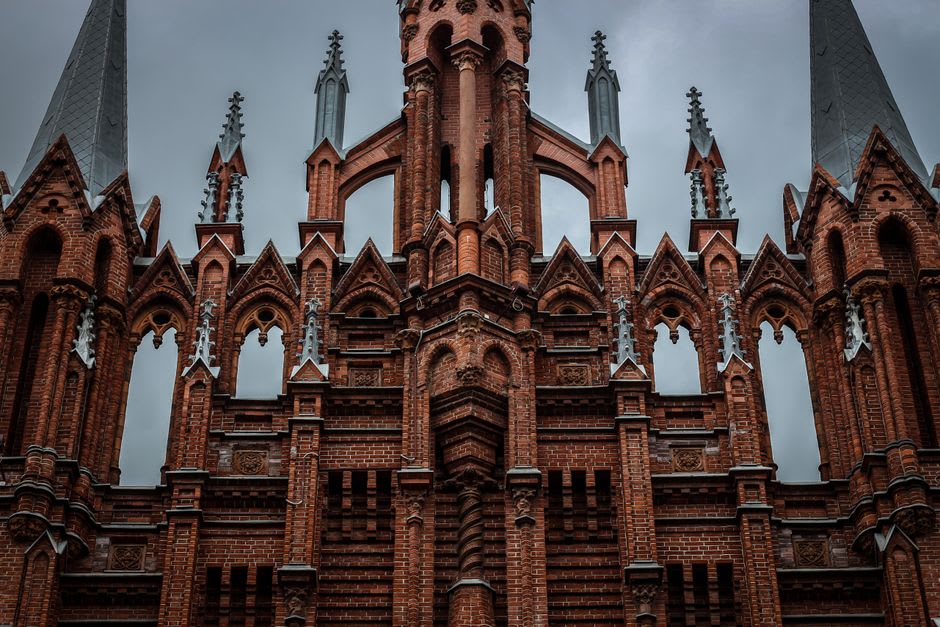 Red-brick Gothic facade of the Fara church in central Novogrudok
