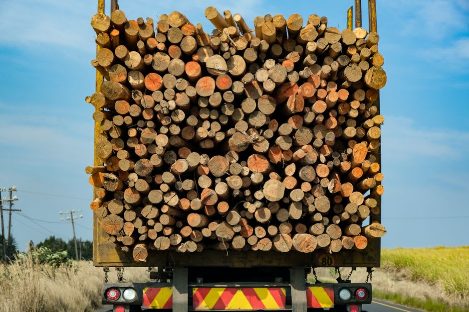 Un camion grumier chargé négociant un tronçon de boue profonde au poste-frontière de Gamboula
