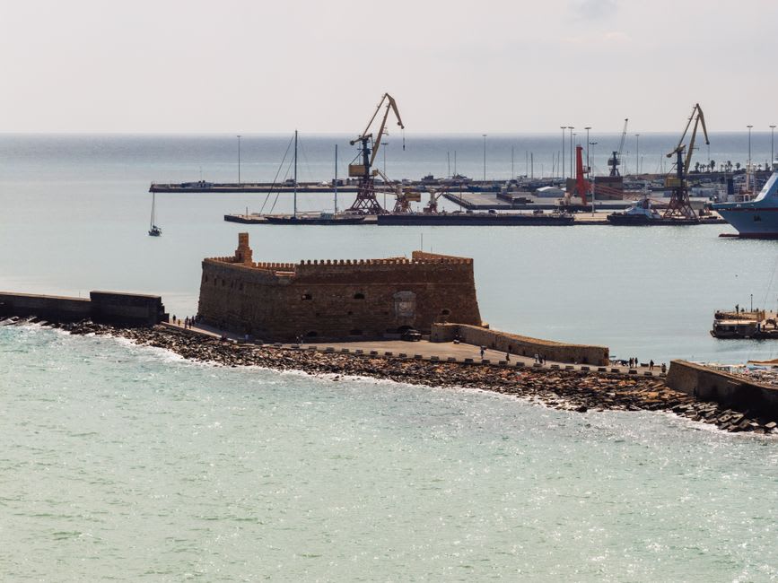 The Venetian fortress atop Imeri Gramvousa island viewed across the lagoon channel