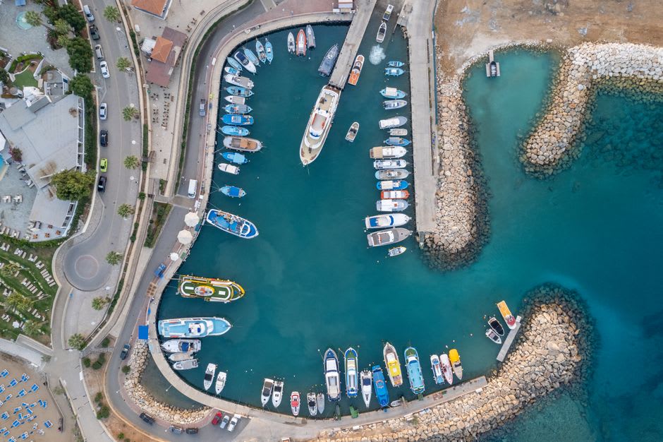 Fishing boats moored in the small harbor at Latchi near Polis