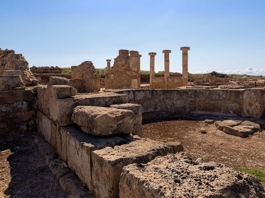 Graderío del antiguo teatro romano de Salamina con pinos creciendo en los bordes