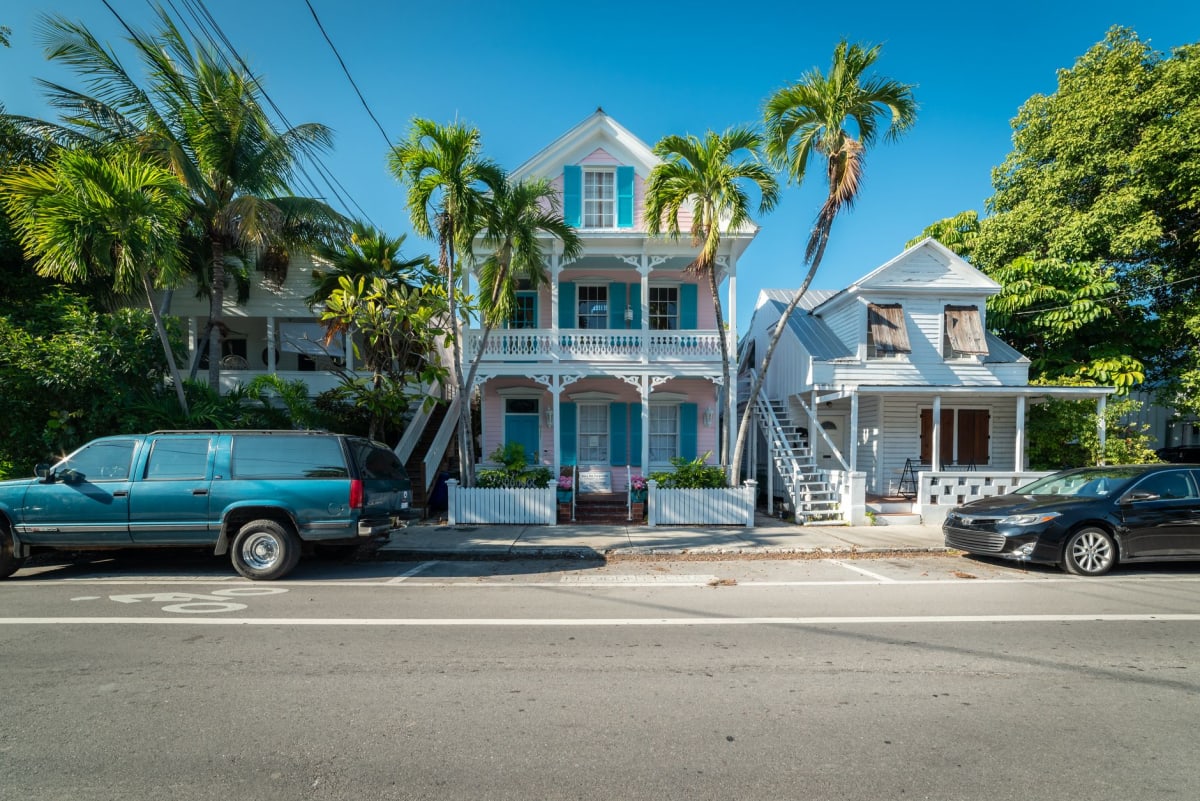 Hemingway's six-toed cats lounging on the steps of the historic house on Whitehead Street, Key West
