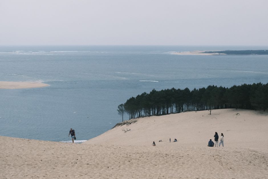 La vaste pente de sable de la Dune du Pilat s'élevant au-dessus de la forêt de pins près d'Arcachon au coucher du soleil