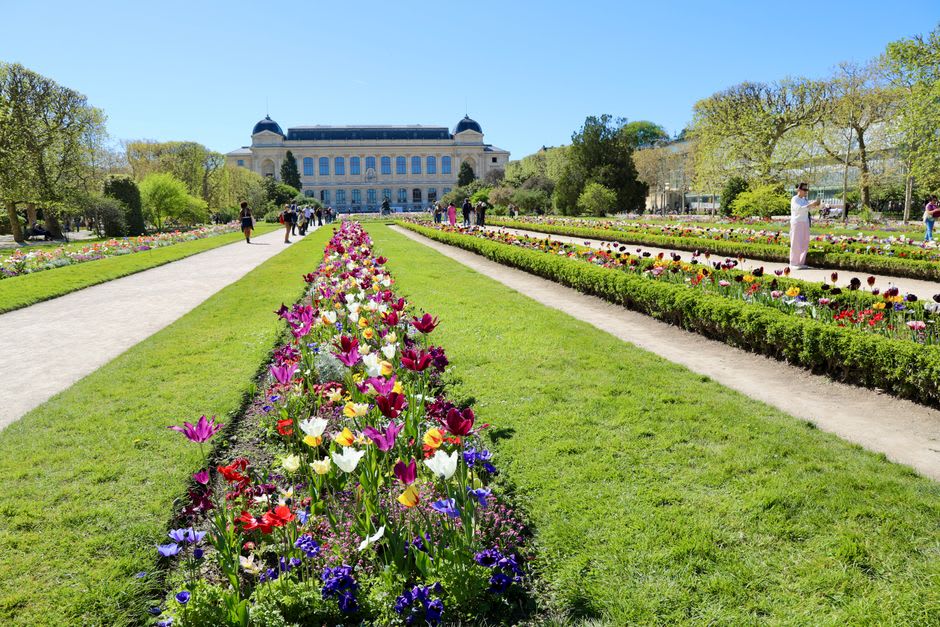 Des parterres fleuris formels en terrasses et des buis taillés dans le Jardin des Plantes de Coutances, avec les tours de la cathédrale visibles au-dessus
