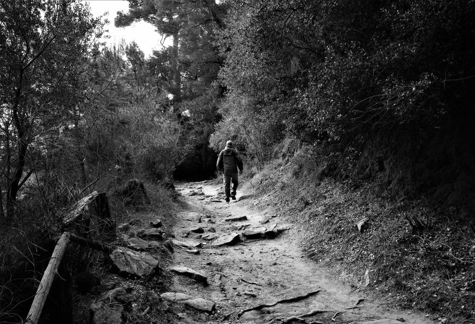 Un randonneur sur l'étroit sentier muletier serpentant à travers les imposants pitons de granit rouge sous Piana