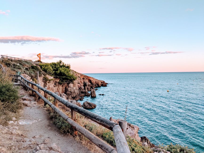 Le sentier côtier étroit du Sentier du Littoral serpentant le long des falaises rocheuses couvertes de pins au Cap Ferrat