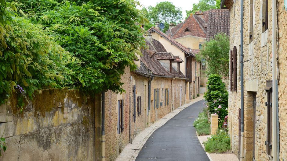 Une étroite ruelle médiévale de pierre à Yvoire entièrement recouverte de géraniums roses en cascade et de glycine grimpante
