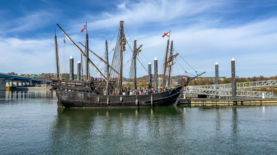 Reproduction of Columbus's caravel Pinta moored in Baiona harbor