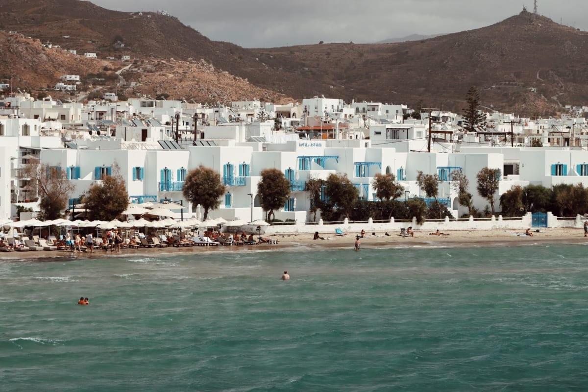 Long white sand beach stretching into the distance on Naxos