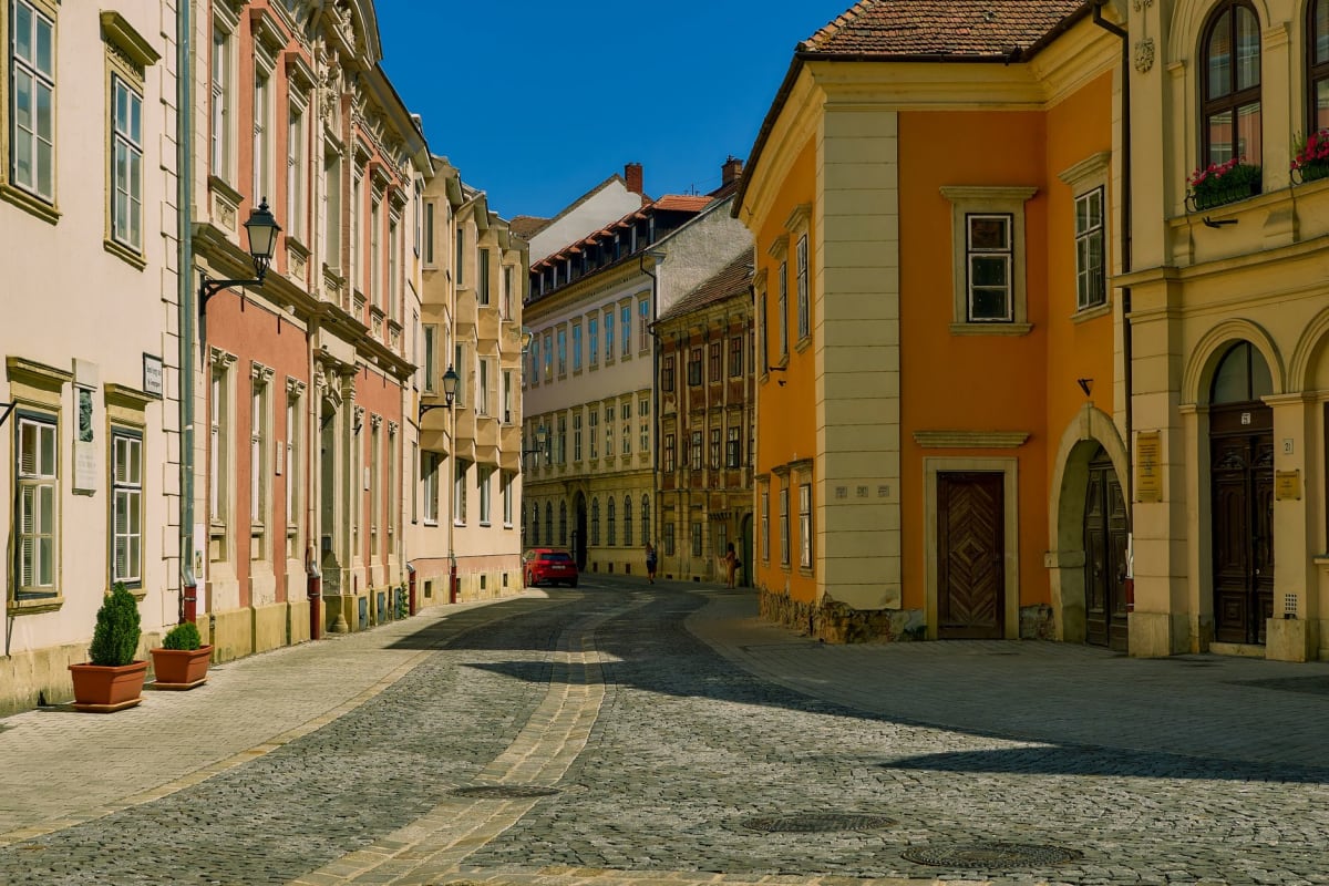 Baroque architecture and cobblestone streets in the historic center of Eger