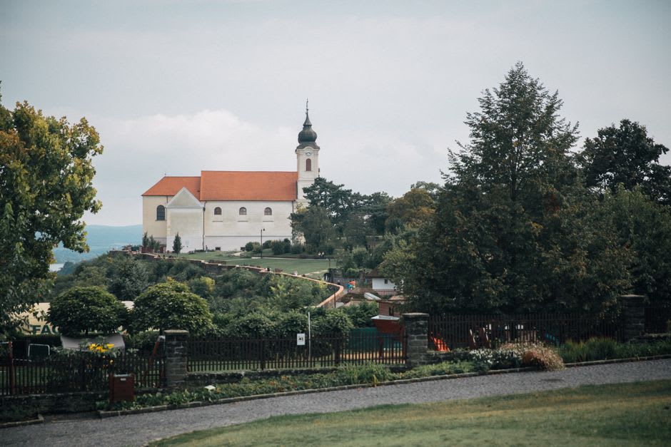 The twin baroque towers of Tihany Abbey overlooking Lake Balaton