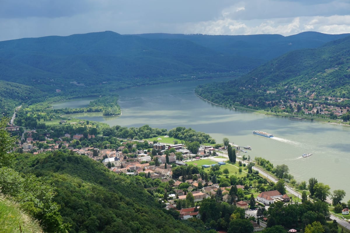 The Danube Bend viewed from the Visegrád citadel with forested hills and river curves