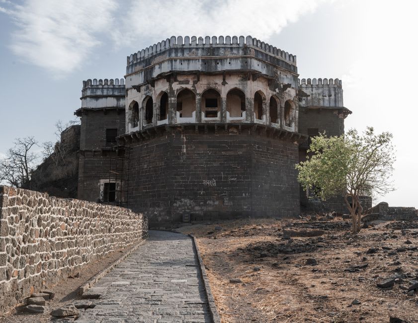 The keyhole-shaped bastions of Bekal Fort seen from the ramparts above the Arabian Sea