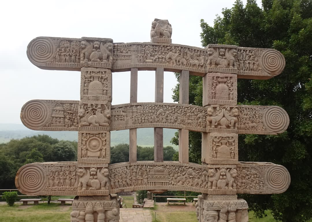 The nine-tiered carved sandstone Vijay Stambh victory tower at sunset