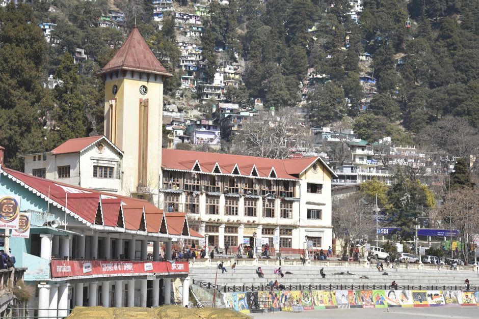 Mall Road along Naini Lake's shore lined with colonial-era buildings and shops