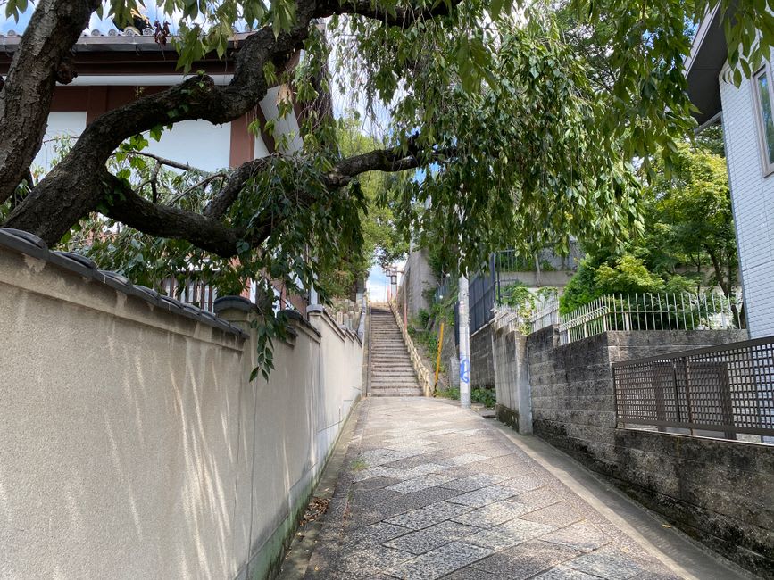 Empinadas escaleras de piedra para la plegaria subiendo entre muros cubiertos de musgo hacia el templo Hogonji en la isla de Chikubushima