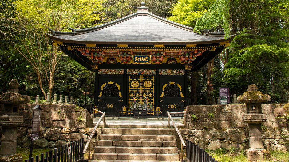 La ornamentada puerta Karamon, Tesoro Nacional, en el templo Hogonji, con detalles dorados contra la madera curtida