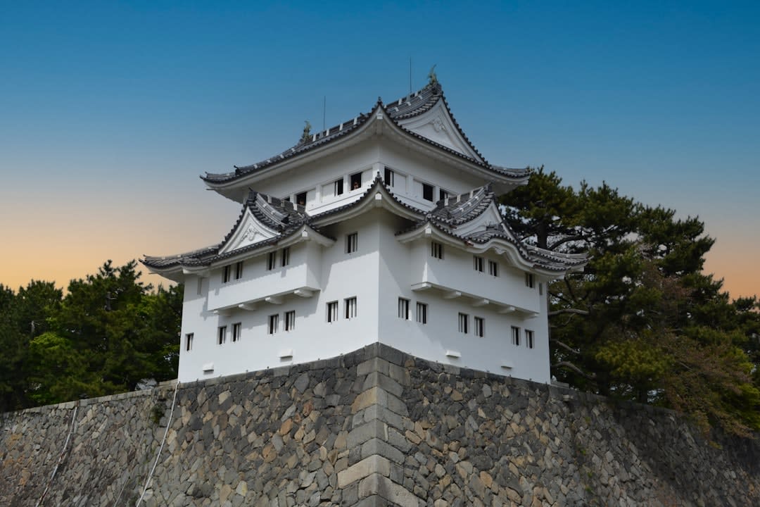 Escalera de madera oscura y empinada y enormes pilares de madera dentro de la torre del castillo de Himeji