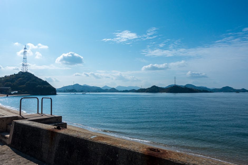 Ciclistas descansando junto a sus bicicletas en una carretera costera de Innoshima con huertos de cítricos y el Mar Interior de Seto detrás