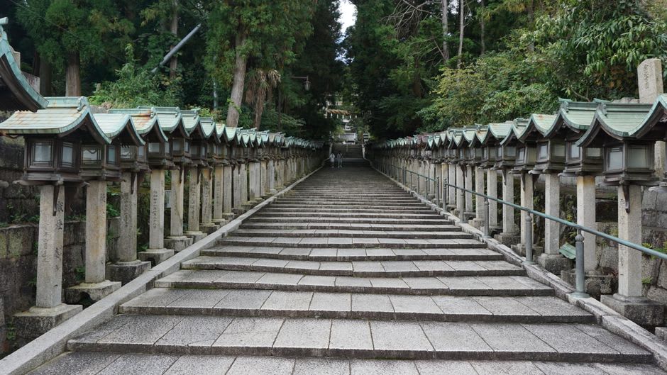 The steep cedar-shaded stone stairway of Konpira-san climbing the mountainside, pilgrims making their way up between the trees