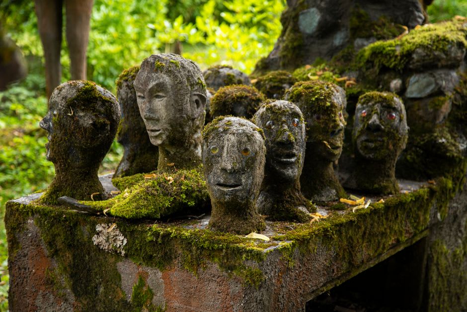 Des statues de bouddha en pierre patinées taillées à flanc de colline boisée sur la péninsule de Kunisaki, la mousse envahissant leurs épaules