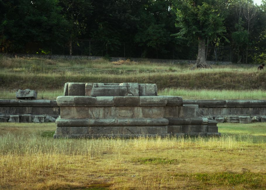 Reconstructed foundations believed to be the remains of an ancient pit-dwelling near Shirakawa Barrier