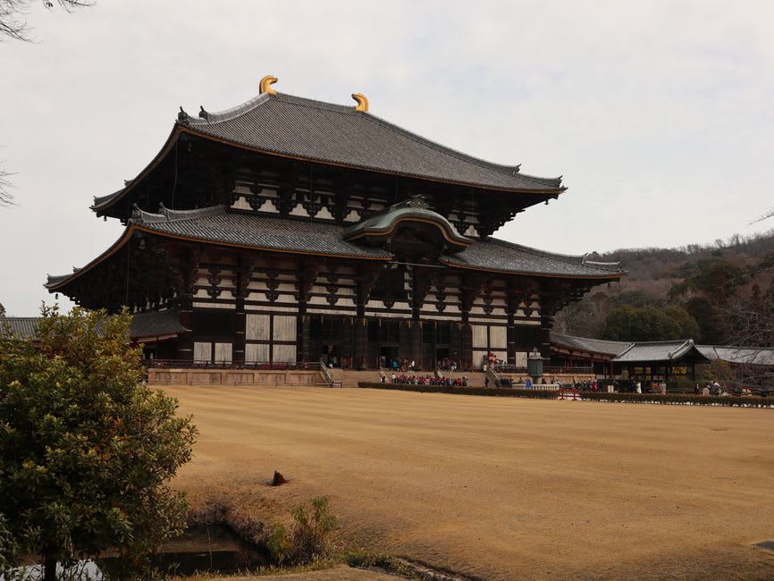 Long covered shopping arcade in Tenri filled with pilgrims in black happi coats