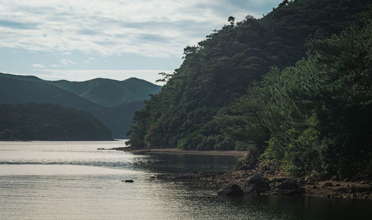 View from Taiko-iwa rock, looking out over Yakushima's forested ridgeline toward the ocean, clouds draped across the middle peaks