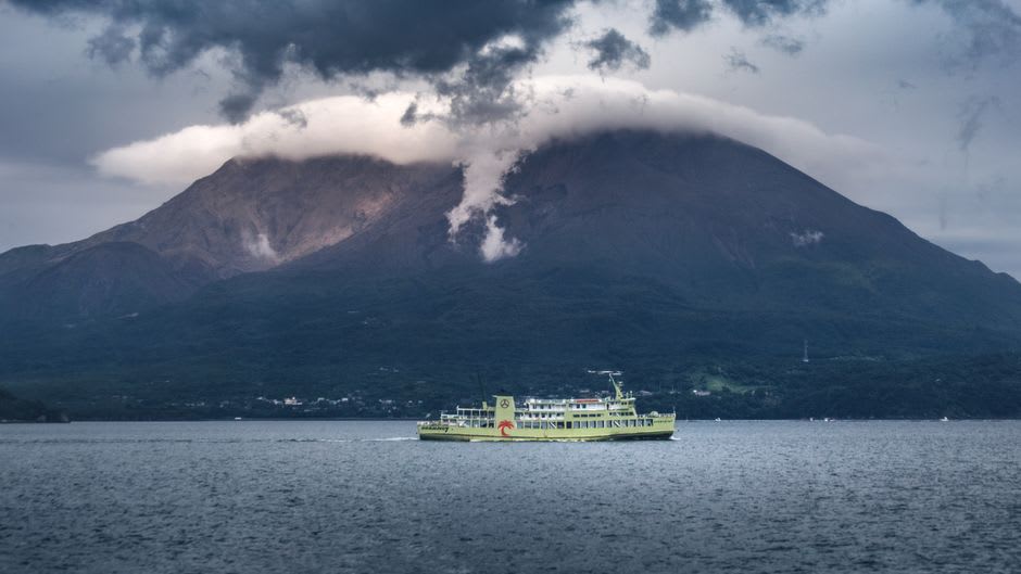 Ferry crossing Kagoshima Bay toward Sakurajima with the volcano ahead