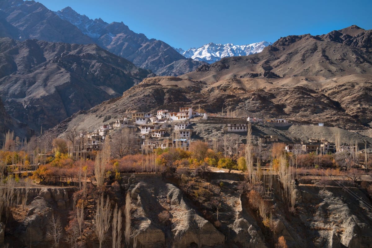 Panoramic view from Diskit Monastery rooftop across the Nubra Valley, the Shyok river winding below, sand dunes in the middle distance and the Karakoram peaks on the far horizon