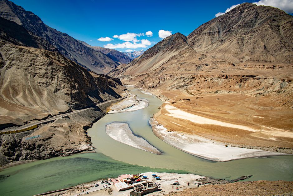 The confluence of the Indus and Zanskar rivers seen from the road near Magnetic Hill