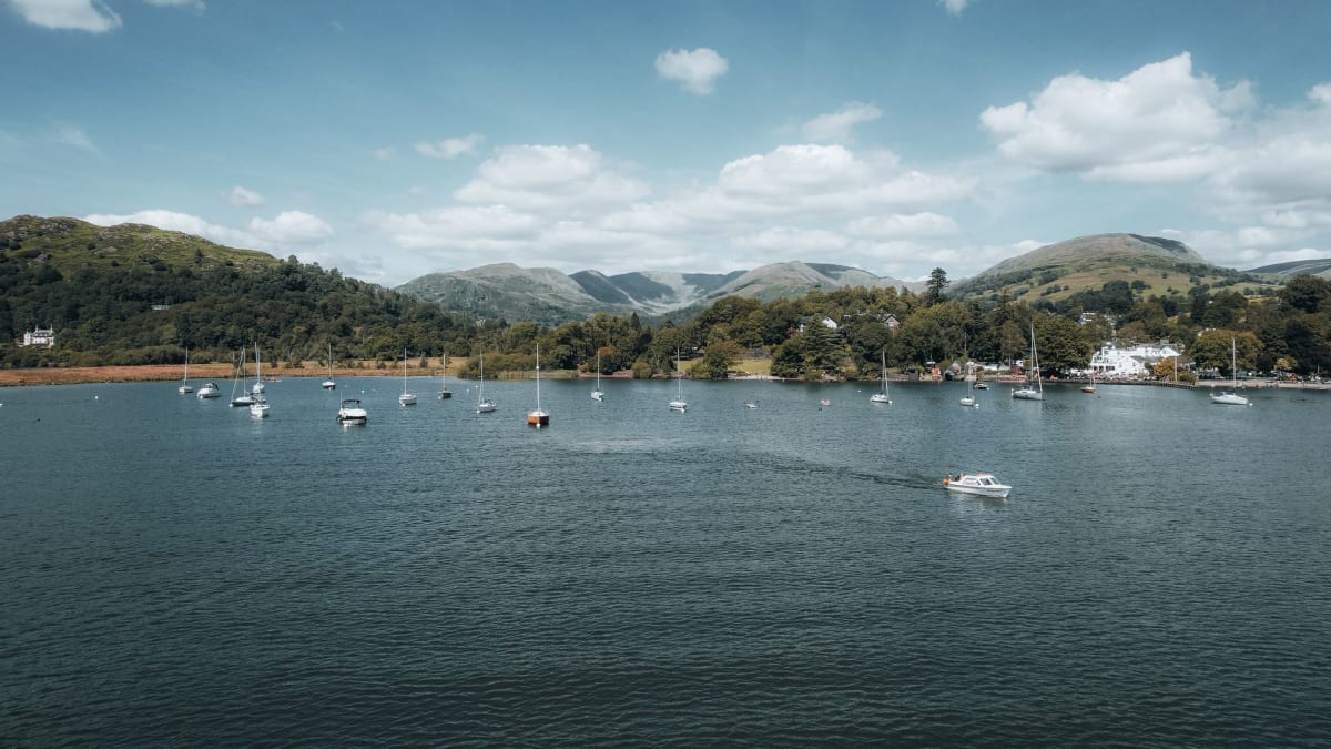 Loughrigg Fell seen from the path above Ambleside, Windermere glinting in the valley below