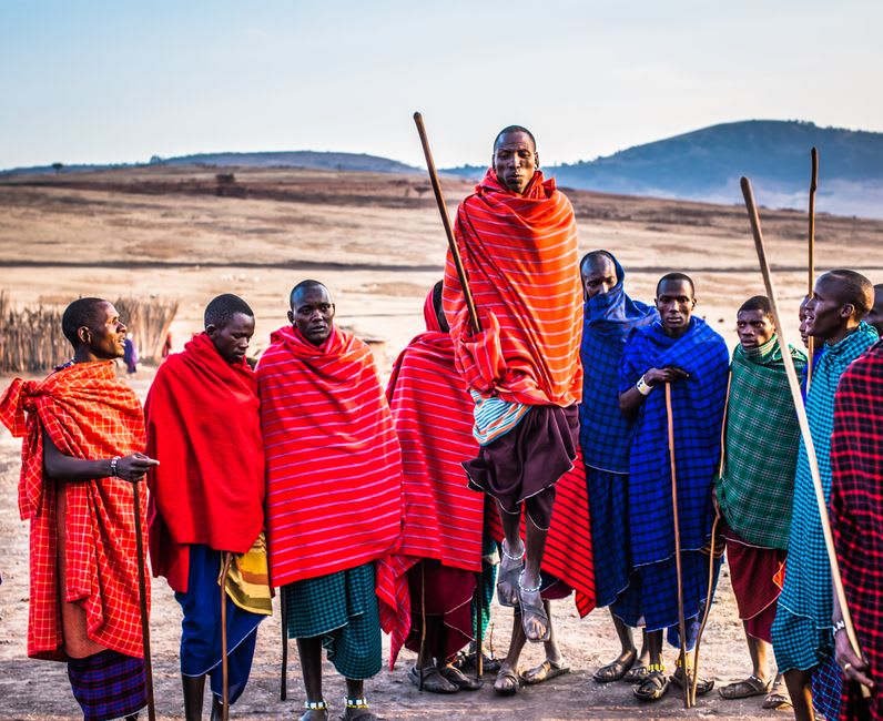 Maasai guide in red shuka pointing toward a distant herd from a rocky outcrop