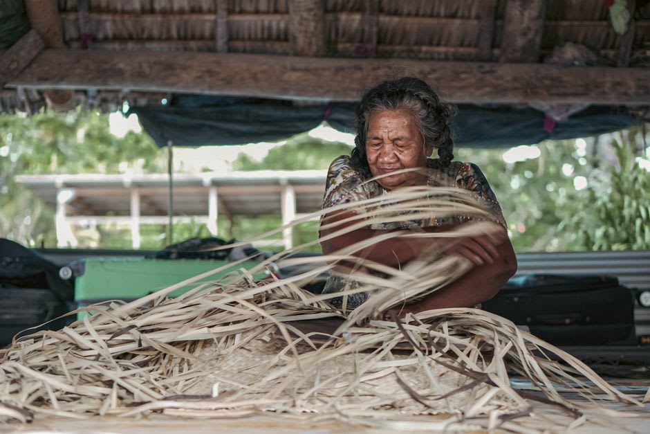 Strips of pandanus leaf drying in the sun before being dyed and woven on Ailuk Atoll