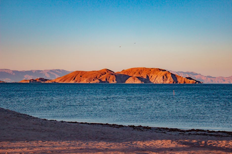Coloridas lanchas pesqueras amarradas en el puerto tranquilo de Bahía de los Ángeles, Baja California