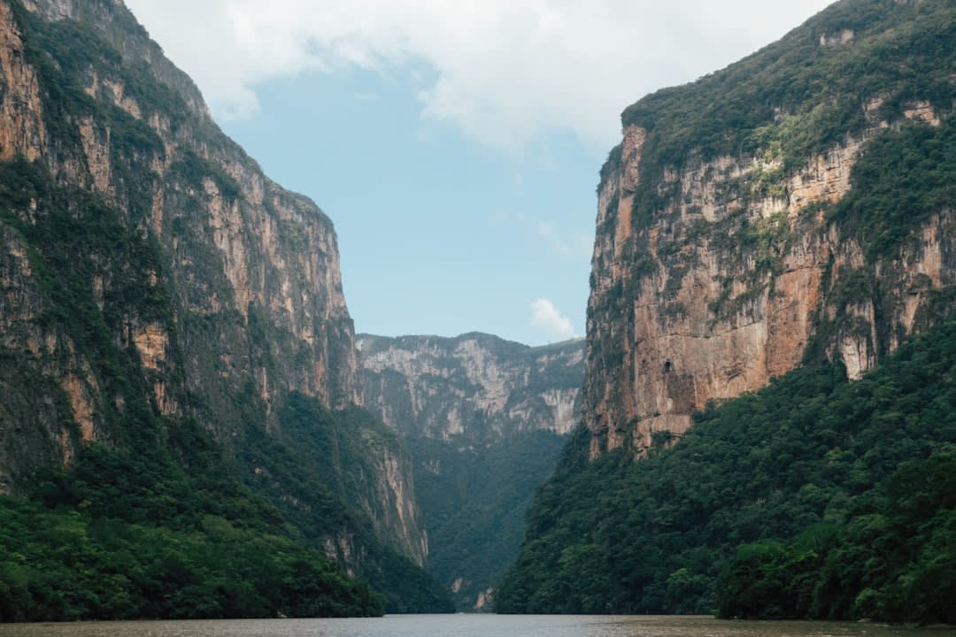 The Grijalva River at the base of the Cañón del Sumidero, a tourist launch boat moving through the narrow passage between the thousand-meter walls, the canyon walls reflected in the still dark water