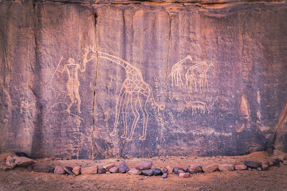 Rock engraving of an animal figure carved into sandstone at Twyfelfontein