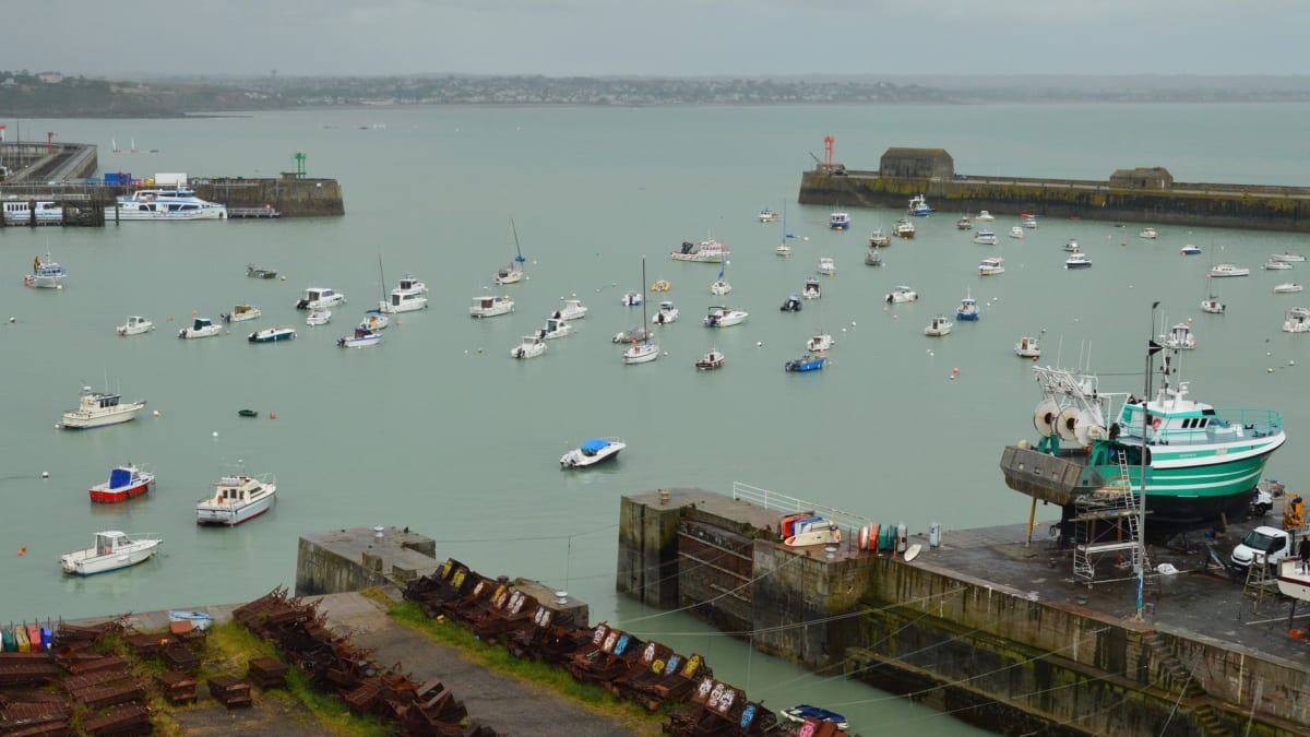 Le marché aux poissons en activité dans le port bas de Granville, la pêche matinale de crustacés, soles et maquereaux disposée sur la glace tandis que des bateaux de pêche sont rincés au jet derrière